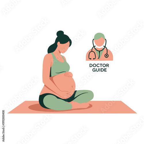 Pregnant woman practicing prenatal yoga on a mat, with a doctor guide icon for medical advice and support during pregnancy.