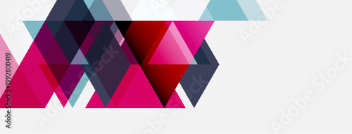 Abstract geometric shapes, triangles dominate composition. Pink, red, gray hues create modern design. Minimalist aesthetic, clean lines present.