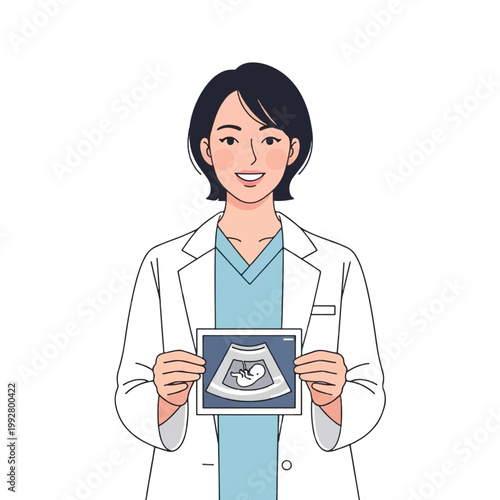 A smiling female doctor in a lab coat holding an ultrasound scan of a fetus, representing prenatal care and medical expertise.