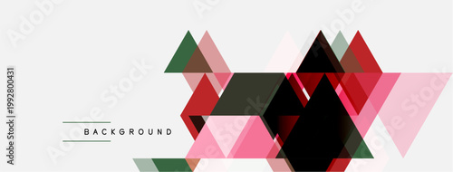 Abstract geometric shapes overlap, creating dynamic composition. Pink, red, green hues dominate neutral backdrop. Modern design element.