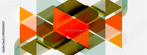 Abstract geometric shapes overlap, creating dynamic composition. Warm colors dominate, with subtle cool tones present. Modern design element.