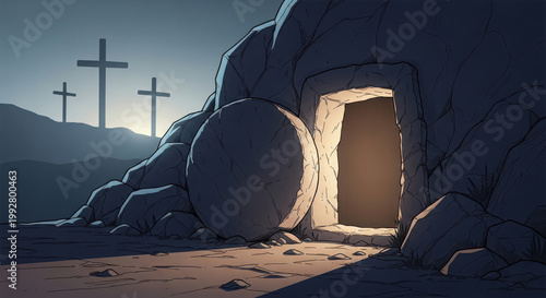 An empty tomb with the heavy stone rolled away, bright light shining from within, symbolizes the joyous resurrection of Jesus Christ.