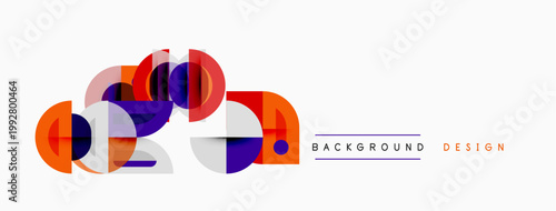 Abstract geometric shapes overlap, creating dynamic composition. Orange, purple, white colors dominate design. Minimalist style.