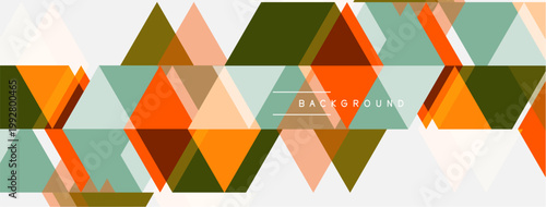 Geometric triangles form abstract pattern. Colors include orange, green, beige, gray. Minimalist design suitable for backgrounds.