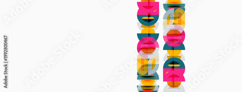 Colorful overlapping letterforms create abstract design. Bright hues contrast against white background. Modern, playful composition.