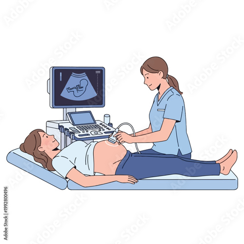 Medical professional performing an ultrasound scan on a pregnant woman's abdomen, with the fetal image displayed on the monitor.