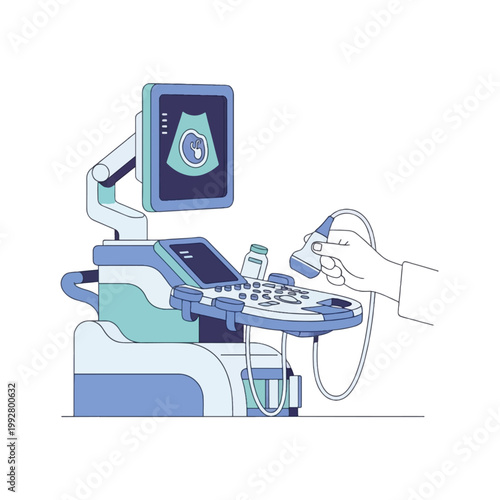 Medical ultrasound machine performing diagnostic imaging with a hand holding the transducer, displaying internal body scan on the screen.