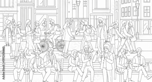 Stylized Line Drawing of a Crowd of People in a City.