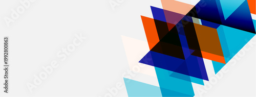 Abstract geometric shapes overlap, creating dynamic visual effect. Blue, orange, brown tones dominate white background. Modern design.