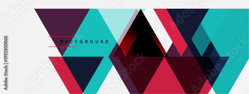 Abstract geometric shapes overlap, creating vibrant color patterns. Design features triangles, squares, rectangles. Modern aesthetic.