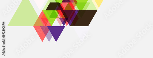 Abstract geometric shapes overlap, creating colorful design. Triangles dominate composition with varied hues. Minimalist aesthetic.