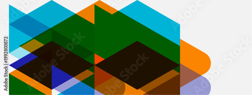 Abstract geometric composition. Overlapping squares, rectangles, triangles create dynamic visual effect. Bright colors dominate design.