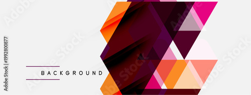 Abstract geometric shapes overlap, creating dynamic composition. Warm colors dominate, with purple, orange, pink hues. Minimalist design features text label.