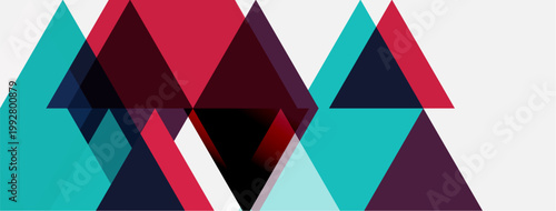 Abstract geometric composition. Triangles overlap, creating dynamic visual effect. Colors include teal, red, maroon, navy, white. Modern design.
