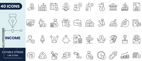 Income icon set in outline style. Editable stroke. Vector icon collection.