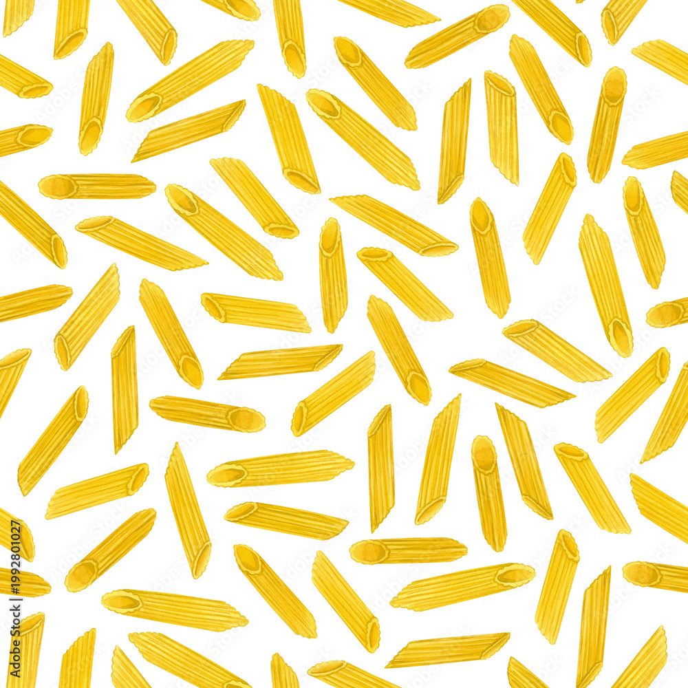 Fototapeta premium Hand drawn watercolor penne pasta seamless pattern. Food background for restaurant menu design packaging fabric print kitchen wallpaper tableware.