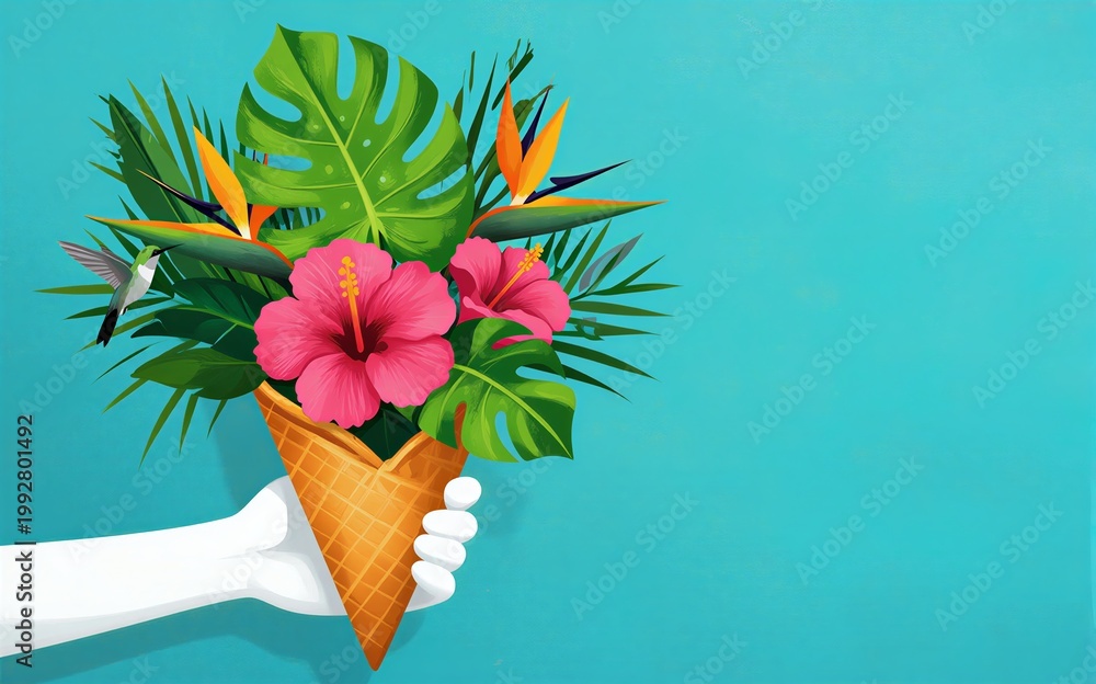 Fototapeta premium Tropical flowers in ice cream cone vibrant colors against blue