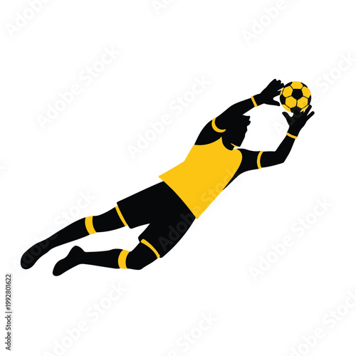 Action silhouette of a soccer goalkeeper diving to catch a ball, dynamic pose, high energy expressed through simple geometric shapes, bold solid black and yellow colors, minimalist flat vector