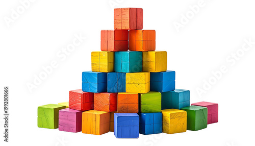 A pyramid made of colorful wooden cubes with a black background