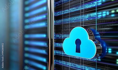 Secure cloud computing symbol in data center with digital lines and light effects.