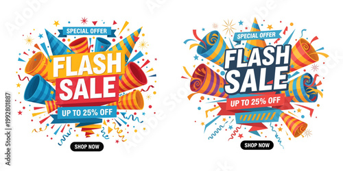 Vibrant flash sale banners with colorful decorations and discounts on display