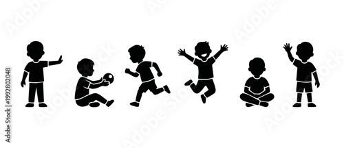 Little boy silhouette set, playing and jumping children icons. Collection of happy kids in various poses, running, waving and sitting, isolated black vector graphics for design projects and education.