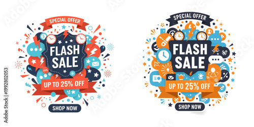 Vibrant flash sale stickers with colorful designs and discounts are displayed on a clean background for marketing purposes.