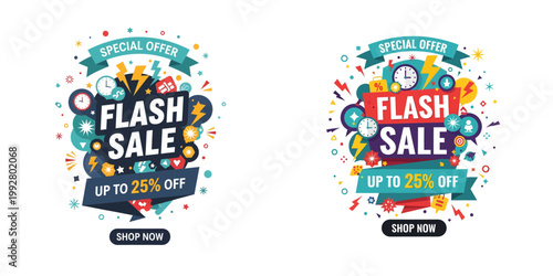 Vibrant sale banners with colorful confetti and text announcing discounts on shopping
