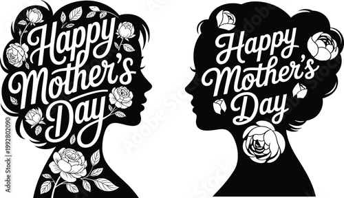 Silhouettes of mothers with floral designs and "happy mother's day" text silhouette illustration