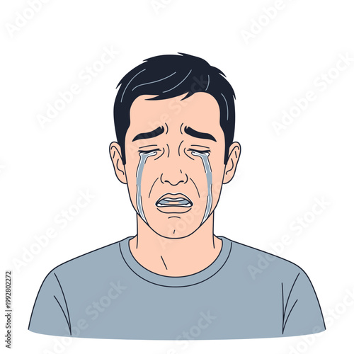 Illustration of a sad man crying with tears streaming down his face on a white background
