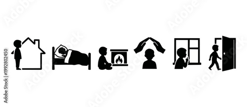 Child Development Icons Set, Childhood Daily Routine Activities and Protection Symbols, Black Silhouette Graphics for Family Parenting Education, Home Safety and Cozy Bedtime Concepts for Web and Prin