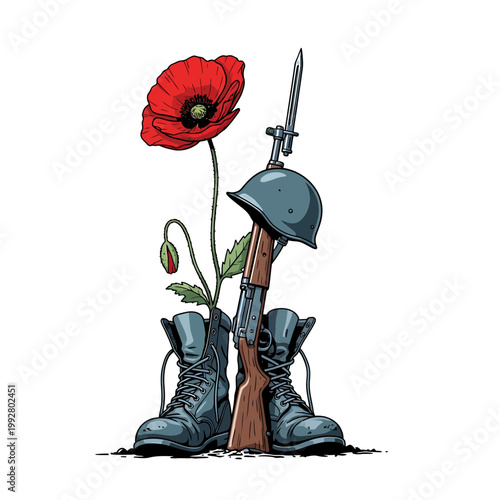 Illustration of a red poppy with a rifle, helmet and combat boots on a white background