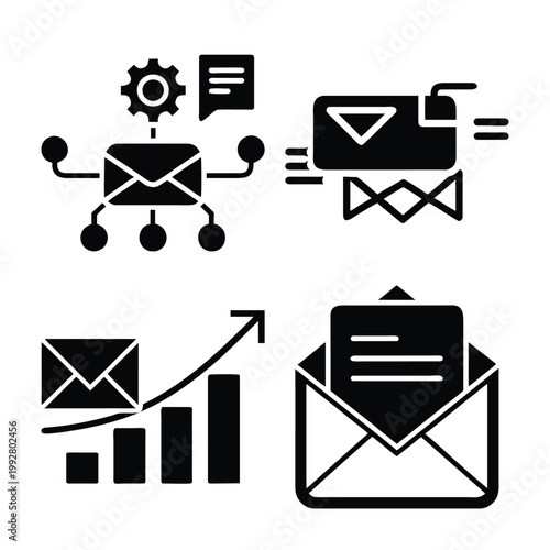 Email marketing and communication flat vector icons set with mail processing and analysis.