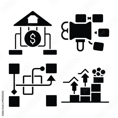 Financial building diagram and business flow chart with growth graph.