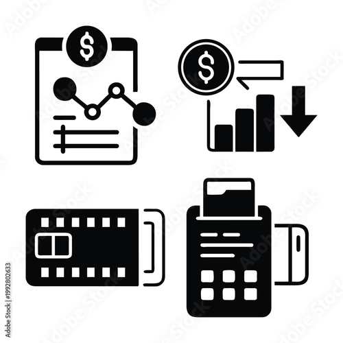 Financial chart, decreasing bar graph, credit card and POS machine.