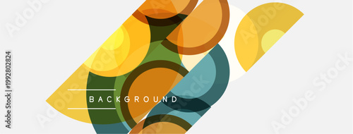 Abstract geometric shapes overlap. Yellows, greens, blues create modern design. Minimalist composition, clean aesthetic. Background text present.