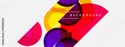 Abstract colorful shapes overlap, creating dynamic composition. Bright hues contrast against white space. Modern design element.