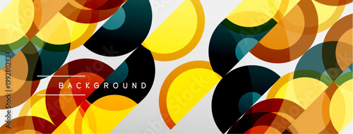 Abstract geometric pattern. Overlapping circles create vibrant, colorful background. Modern design with yellow, orange, teal hues.