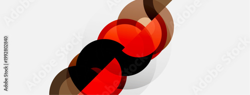 Abstract design features overlapping circles. Red, black, brown hues create dynamic composition on white background. Modern, minimalist style.