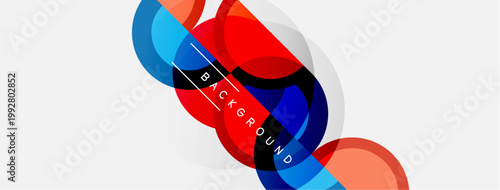 Abstract design features overlapping circles, vibrant colors, diagonal lines. Text reads BACKGROUND across shapes. Modern, clean aesthetic.