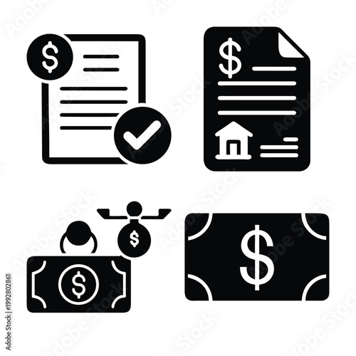 Financial icons depicting money savings transactions and legal documents for business.