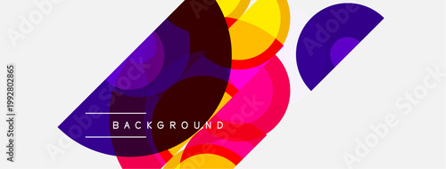 Abstract colorful shapes overlap. Dynamic composition creates modern visual effect. Bright hues dominate white space.