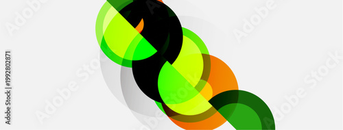Abstract design features overlapping circles. Green, black, orange hues create dynamic composition. Minimalist style, modern aesthetic.