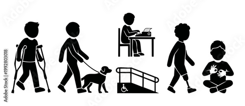 Disability awareness icons set, inclusivity symbols for accessible design with people using crutches, guide dog, typewriter, wheelchair ramp and sign language gestures in flat black vector silhouette