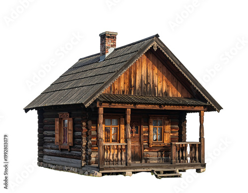 A quaint wooden cabin, featuring a porch, chimney, and shingle roof, set against a transparent background