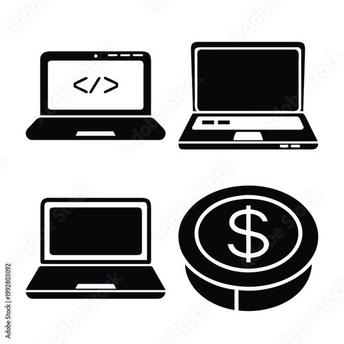 Laptop and money icons vector set with coding laptop, blank screen, open screen, dollar coin.