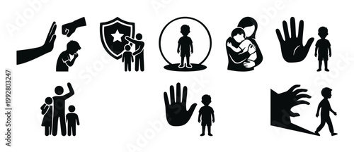 Child Protection Icons Set, Safety from Violence and Abuse, Stop Danger Concepts, Safeguarding Children Vector Illustrations, Parenting Care and Support Symbols for Social Issues or Charity Awareness