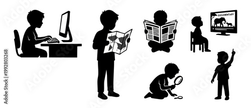 Children learning set silhouettes, curious kids studying and exploring activities, computer research, reading map, newspaper and watching documentary, educational development icons isolated on white b