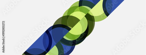 Abstract design features overlapping circles. Blue, green hues create dynamic ribbon effect. Minimalist composition, clean aesthetic.
