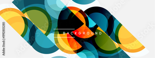 Abstract colorful shapes overlap creating dynamic background. Modern design features vibrant hues, smooth gradients.